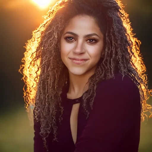 Prompt: a portrait of shakira, sunrise lighting, f 2. 8,