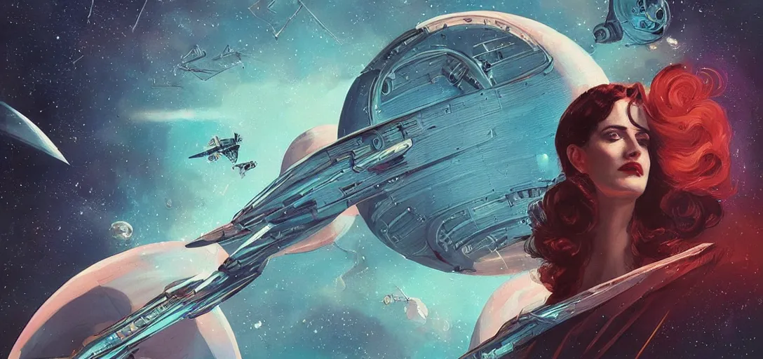 Image similar to Eva Green as a stunning , beautiful retro SCI-FI space heroine 1985 , star ship taking off in the background on the left side , movie poster, intricate, elegant, highly detailed, centered, digital painting, trending on artstation, concept art, smooth, sharp focus, illustration, art by raphael lacoste ,eddie mendoza ,alex ross, WLOP