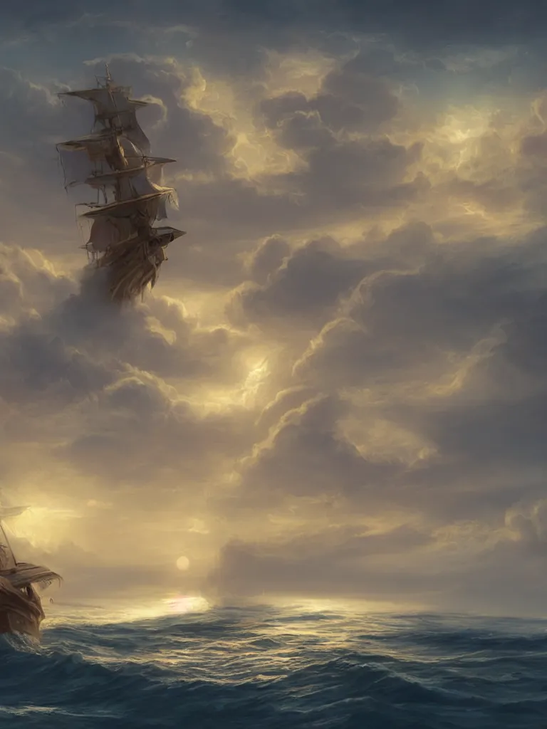 Prompt: lone ship in the ocean at night by disney concept artists, sketches, godly light, blunt borders, golden ratio