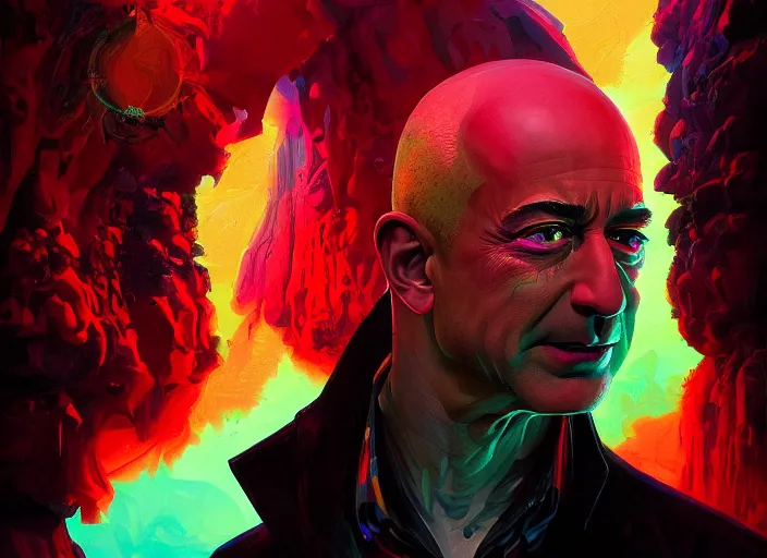Prompt: A psychedelic portrait of evil demonic jeff bezos crying black tears, vibrant color scheme, highly detailed, in the style of romanticism, cinematic, artstation, Moebius, Greg rutkowski