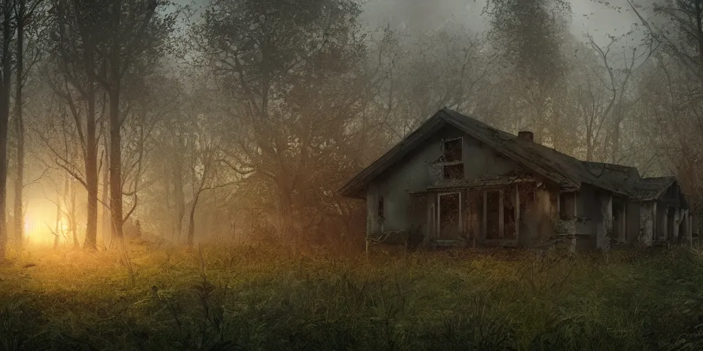 Image similar to photorealistic, ruined english bungalow at night, overgrown vegetation, in the forest, apocalypse, very dark, fog, skinny evil creatures, hell scape, horrifying, hyperrealistic, grimdark, artstation