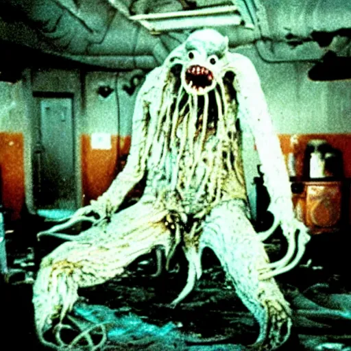 Image similar to horrible creature from the movie The thing (1982). disgusting. movie scene. blood. creepy. tentacles. peeling. chilling. scary. gross. visceral. disturbing. granular photography. old movie W-1024 H1024