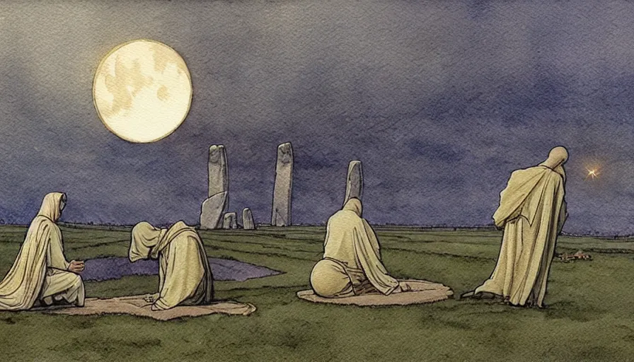 Prompt: a realistic and atmospheric watercolour fantasy concept art of a shiny metallic ufo floating above a large stonehenge. medieval monk in grey robes on his knees praying. a crescent moon in the sky. muted colors. by rebecca guay, michael kaluta, charles vess and jean moebius giraud