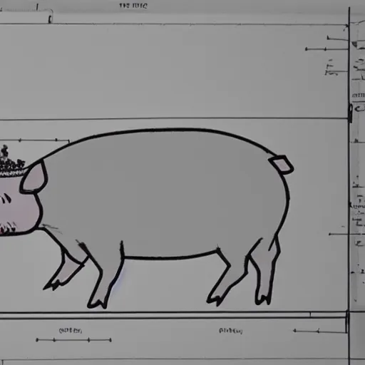 Image similar to walking pig wearing crown technical drawing