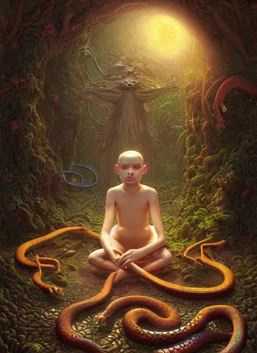 Image similar to hyperreal ultra detailed hypnagogic recollections from the waters of the unconscious. a 3 d psychopomp watching on. an ancient child. prismatic crystal light projections, a doorway threshold, a snake, sharp focus, global illumination, ornate, art by shaun tan, fenghua zhong and daniel merriam and dan mumford octane render