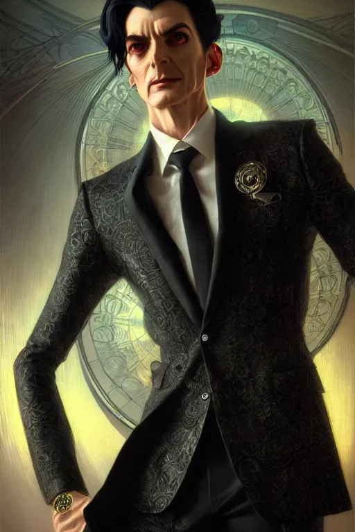 Image similar to ultra realistic, thin man in expensive stylish modern suit, black hair, occult jewelry, fantasy, intricate details, eerie, highly detailed, octane render, 8 k, art by artgerm and alphonse mucha and greg rutkowski