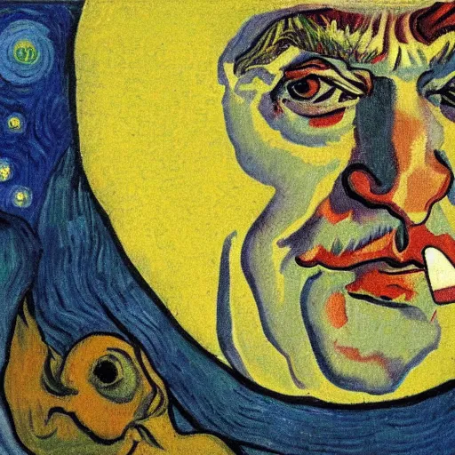 Prompt: A portrait of Harry Carey gazing at a moon made of cheese by Van Gogh (1884)