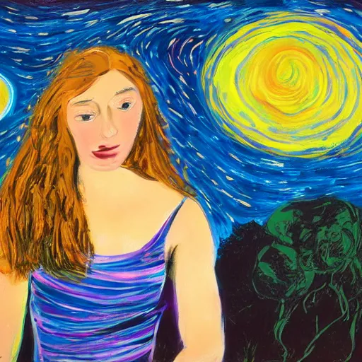 Prompt: A beautiful print of a woman with long flowing hair, wild animals, and a dark, starry night sky. pearlescent by Elaine de Kooning CGI