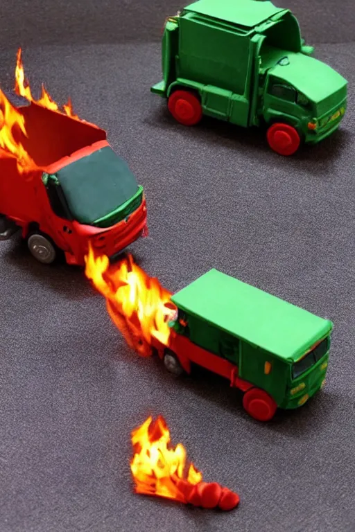 Prompt: a 3 d play - doh sculpture of a garbage truck on fire