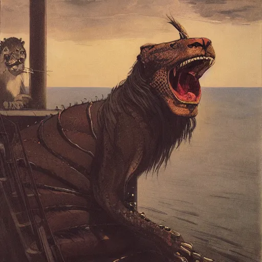 Image similar to neck neck eyes fangs serpent serpent python wearing a lion lion costume neck tall long snake viper j.m.w. turner greg rutkowski giorgio de chirico william merritt chase ralph steadman arsen savadov dan witz uta natsume aquatint