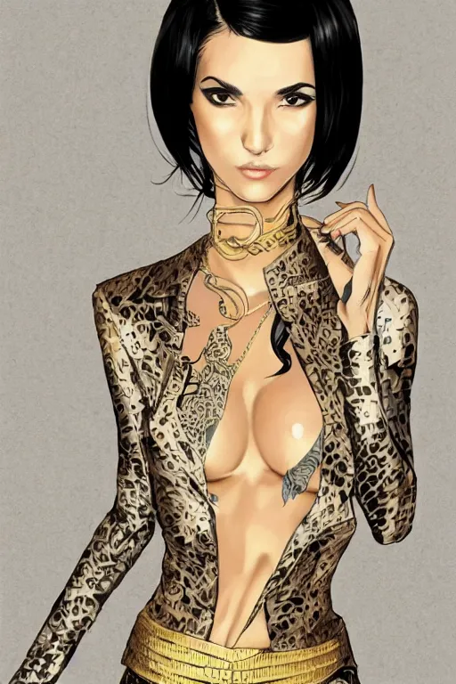 Image similar to yakuza slim girl, gold suit jacket in snake print, jacket over bare torso, yakuza tattoo on body, black short curtain haircut, black leather pants with black belt, elegant, 2d, ultra highly detailed, digital painting, smooth, sharp focus, artstation, art by Ilya Kuvshinov