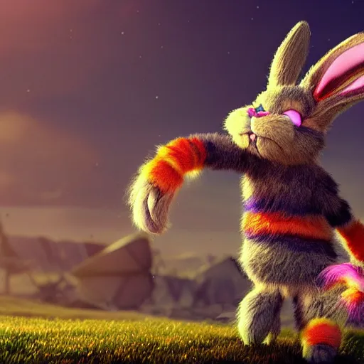 Image similar to cute colorful fuzzy alien lop eared bunny rabbit monsters monsters with long flowing gradient colored detailed fur and stripes, detailed high quality 3 d render unreal engine in the style of maurice sendak, 4 k