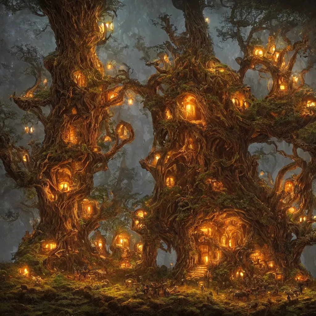Prompt: art in the style of greg rutkowski and james christinsen and larry elmore, a village, carved into the side of a tree, inhabited by elves and faeries, the outside lights are bioluminescent mushrooms and fungi intricately detailed