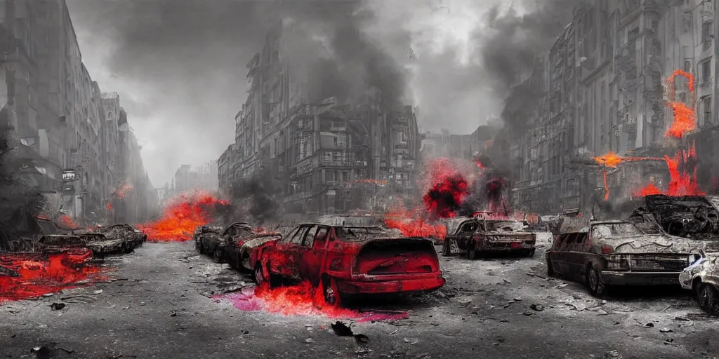 Image similar to post - apocalyptic kreuzberg streets covered in colorful smoke, burned cars, explosions, hyperrealistic, gritty, damaged, dark, urban photography, photorealistic, high details