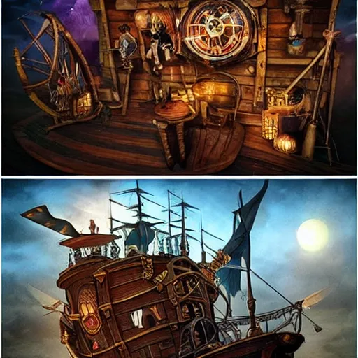 Prompt: pirate themed escape room set on the deck on pirate ship from 1 7 2 0. steampunk and magical colors. trending on artstation, realistic.