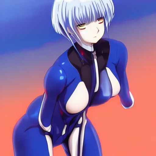 Image similar to anime art, anime fullbody shot of female rei ayanami, long blue hair and large eyes, finely detailed perfect face, in a modern skintight plugsuit, laying on a rooftop, flooded metropolis in ruins, red sea, trending on pixiv fanbox, evangelion, extremely high quality artwork by ilya kuvshinov