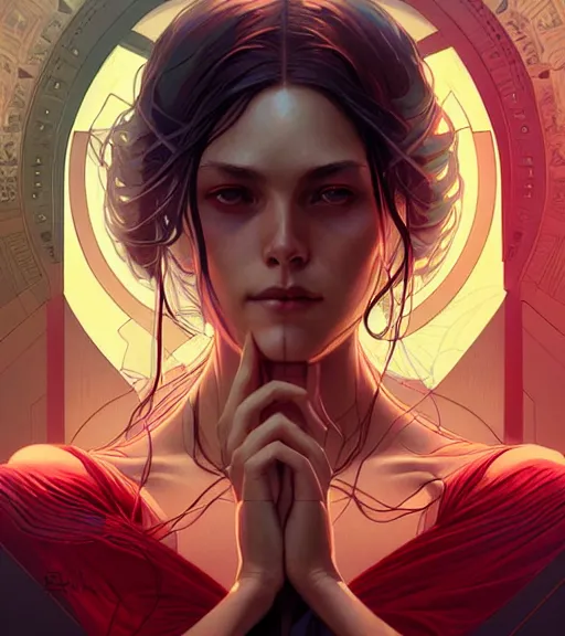 Prompt: symmetry ( wanda maximoff ) ultra detailed, intricate, dynamic lighting, digital art, digital painting, art station, wlop, sharp focus, illustration, art by artgerm and greg rutkowski and alphonse mucha