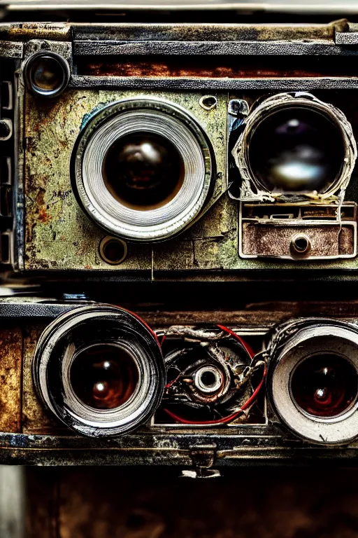 Image similar to A photo of a very old opened camera with film, vacuum tubes, capacitors and coils inside by Annie Lebovitz and Steve McCurry, grungy, weathered Ultra detailed, hyper realistic, 4k