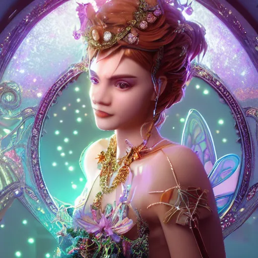 Image similar to portrait of fairy princess, glowing, ornate and intricate jewelry, jaw dropping beauty, glowing background lighting, white accent lighting, hyper detailed, fairy tale, 4 k octane render