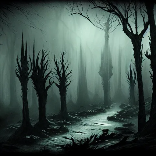 Image similar to dark fantasy landscape forest in the style of symbaroum