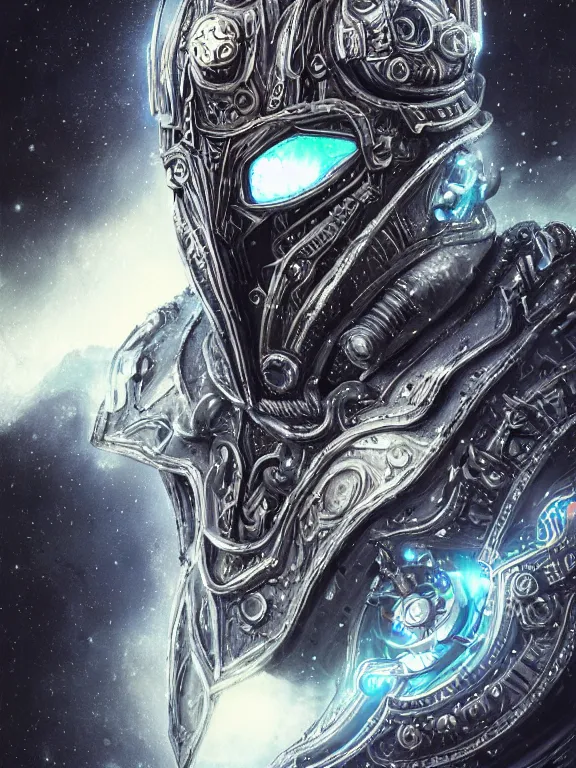 Image similar to portrait art of 8k ultra realistic retro futuristic lich king , galaxy reflected helmet , detailed intricate ornate armour,eldritch horror,blade runner, cybernetic, full of colour, cinematic lighting, battered, trending on artstation, 4k, hyperrealistic, focused, extreme details,unreal engine 5, cinematic, masterpiece, art by ayami kojima, giger