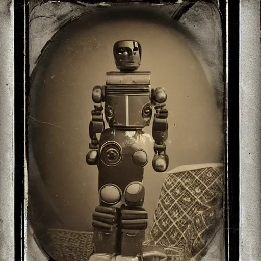 Image similar to humanoid robot, advanced humanoid robots, sleek robot, in log cabin living room, tintype photograph, daguerrotype, 1 8 7 0 s photograph