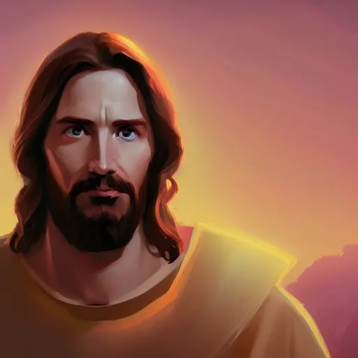 Image similar to Portrait of Jesus Christ, mattepainting concept Blizzard pixar maya engine on stylized background splash comics global illumination lighting artstation lois van baarle, ilya kuvshinov, rossdraws