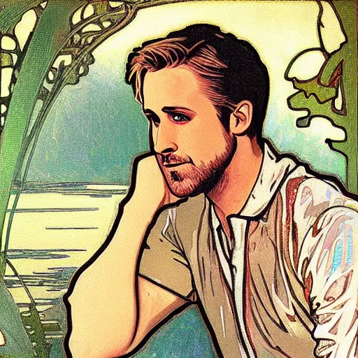 Image similar to A delicate painting of Ryan Gosling in Drive 2011 sitting at a pond, by Alphonse Mucha, art nouveau, detailed, elegant
