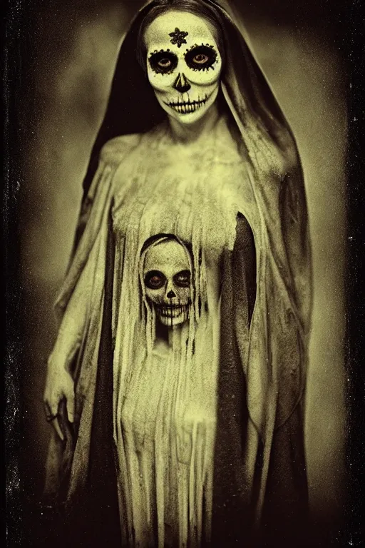 Image similar to wet collodion process, tintype virgin mary in dia de muertos dress and make up, horrific beautiful vibe, evocative, atmospheric lighting, painted, intricate, highly detailed, leesha hannigan, wayne haag, reyna rochin, ignacio fernandez rios, mark ryden, iris van herpen, stunning, gorgeous, sharp focus, cinematic, masterpiece