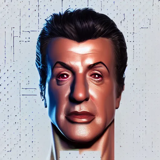 Image similar to portrait of a cyborg sylvester stallone, metallic skin, led lights, high technology inplants, mattepainting concept blizzard pixar maya engine on stylized background splash comics global illumination lighting artstation lois van baarle, ilya kuvshinov, rossdraws