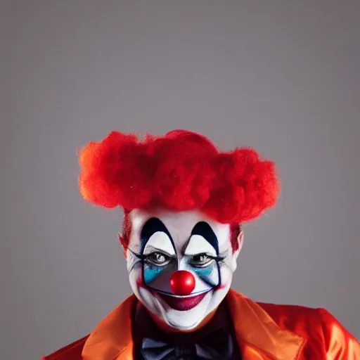 Image similar to Photograph of a clown with a gun looking frantic