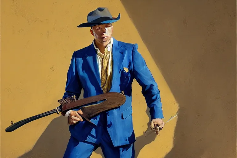 Image similar to greg manchess portrait painting of a blond man in a blue suit with a sword and a pistol, asymmetrical, profile picture, organic painting, sunny day, matte painting, bold shapes, hard edges, street art, trending on artstation, by huang guangjian, gil elvgren, ruan jia, randy vargas, greg rutkowski