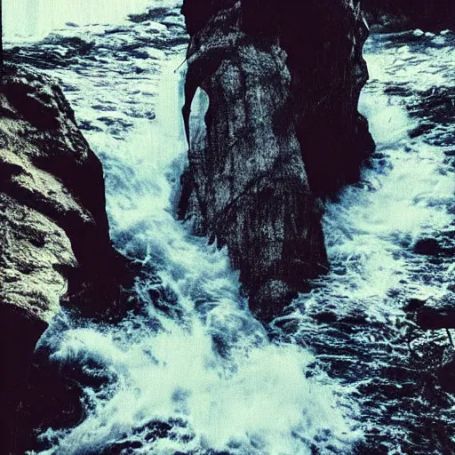 Image similar to a cave with a rushing wave of water, creepy, eerie, unsettling, terrifying, jagged rocks, dark, grainy, noisy, slightly blurry, polaroid, deep!!!!!, dark!!!