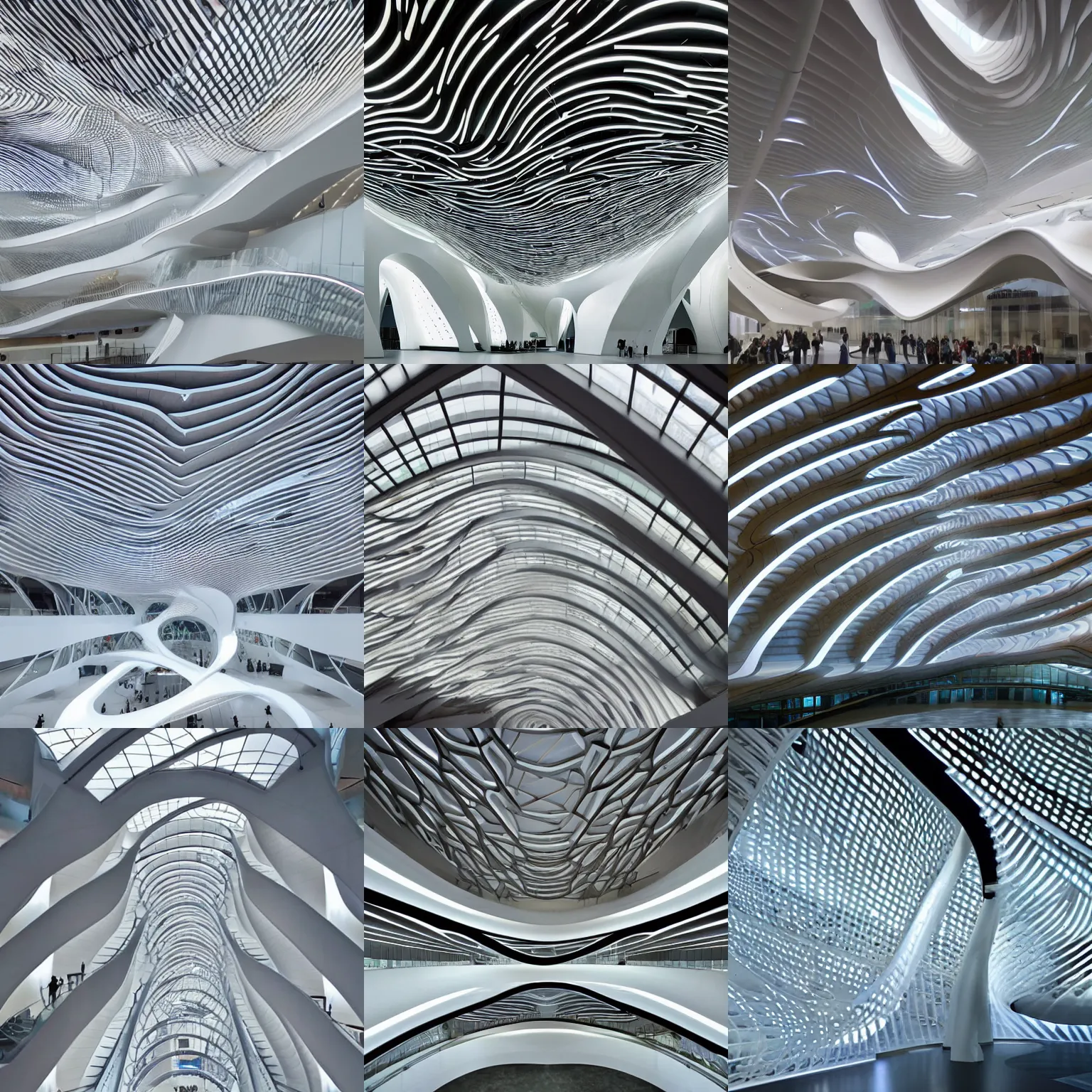 Image similar to stunning beautiful futuristic museum interior by Zaha Hadid, smooth curvilinear dragonfly wings pattern