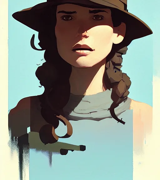 Image similar to portrait of a female indiana jones by atey ghailan, by greg rutkowski, by greg tocchini, by james gilleard, by joe fenton, by kaethe butcher, dynamic lighting, gradient light blue, brown, blonde cream and white color scheme, grunge aesthetic