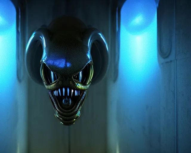 Image similar to 2 8 mm closeup portrait of a wet slimy dripping xenomorph alien in science fiction spaceship hallway, dramatic lighting, octane, blue lights, lens flare, industrial, dirty, trending on artstation, golden ratio, h. r. giger, mist, action, volumetric lighting