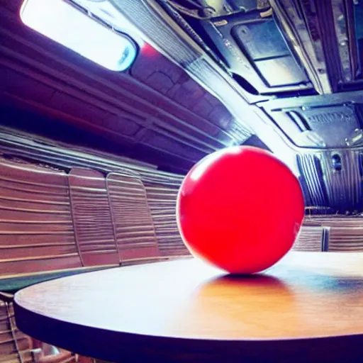 Prompt: red ball on the table. an inside spaceship. Baroque style. Anime. Dragon ball Z