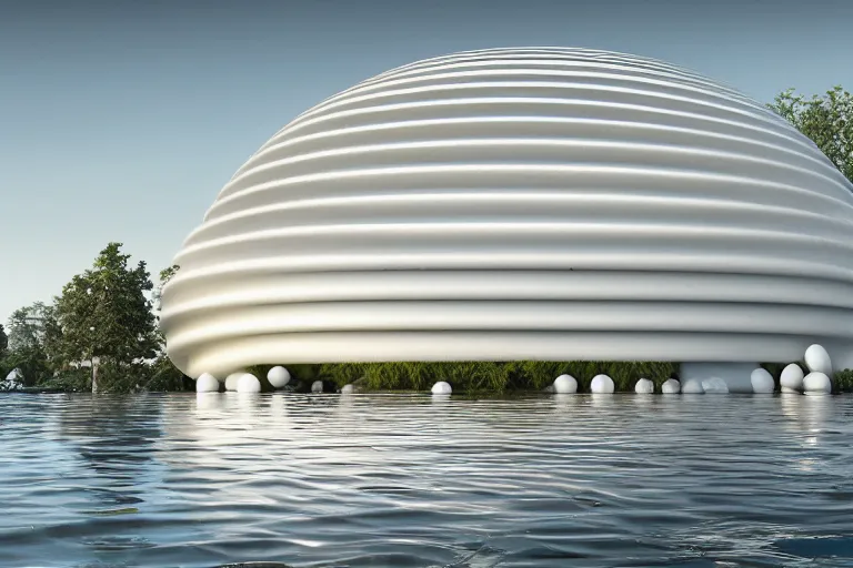 Image similar to a building composed of many white spherical egg shaped circular spaces stacked up and down. on the calm lake, people's perspective modern curved architecture, future, wood, marble, metal award winning, highly detailed 4 k art, dusk, unreal engine highly rendered, global illumination, radial light, internal environment by kazuyo sejima