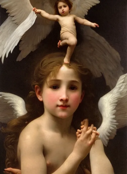 Prompt: a young girl holding the head of a monster, flying in the sky surrounded by angels, extremely realistic and highly detailed painting by william - adolphe bouguereau and caravaggio, soft light, gold ratio