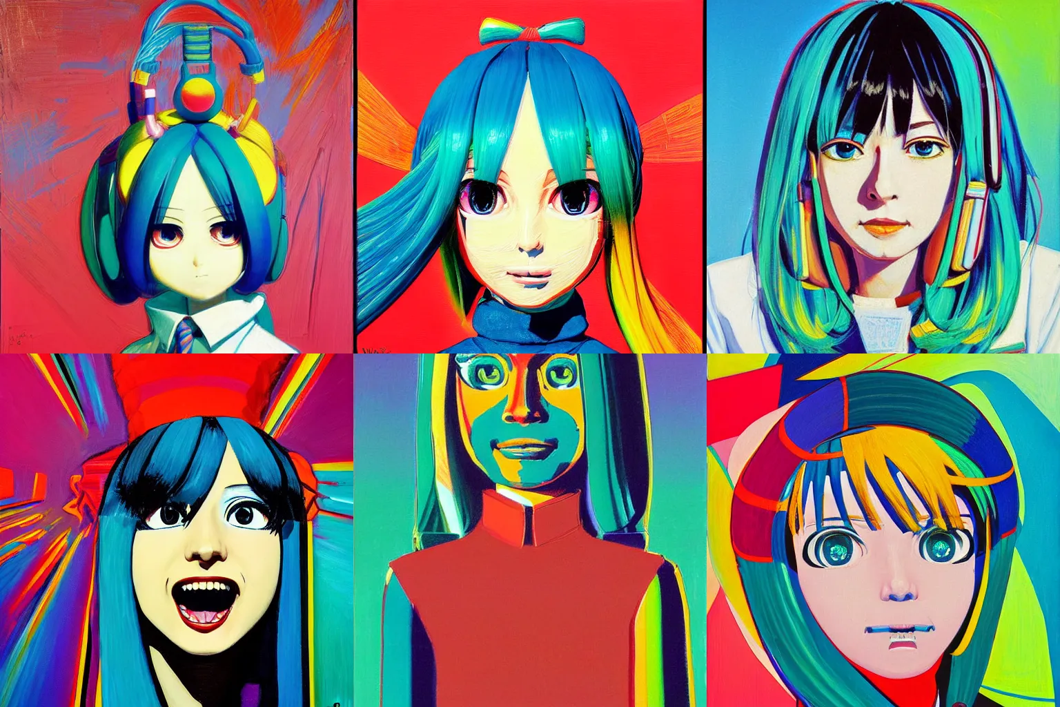 Prompt: a portrait of a serious Operator Hatsune miku by Wayne Thiebaud, painting by Wayne Thiebaud, heavy pigment, colourful, heavy impasto technique, anime style, big eyes, space age pop, Operator mic