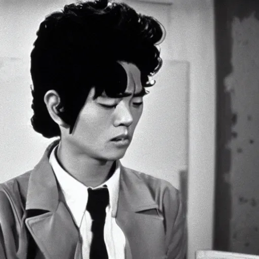 Image similar to a film still of Josuke Higashikata from Jojolion in ''Eraserhead''(1977)