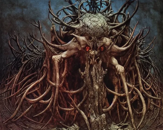 Prompt: Ancient cultic ritual totem made of horns and thorns by kostnice czech, Beksinski, Arthur Rackham, Eugene de Blaas, Dariusz Zawadzki, Wayne Barlowe