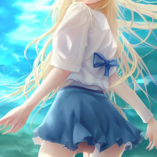 Image similar to a very beautiful anime cute girl, full body, long wavy blond hair, sky blue eyes, full round face, short smile, fancy top, miniskirt, front view, medium shot, mid-shot, highly detailed, cinematic wallpaper by Stanley Artgerm Lau