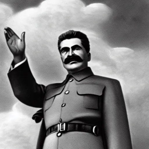 Prompt: Joseph Stalin in heaven meeting god, photography, clouds, beautiful,