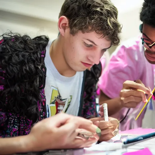 Prompt: teenagers doing a fashion workshop, realistic, coherent, photography