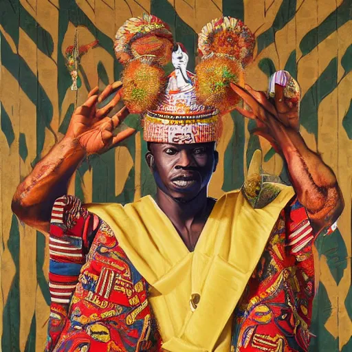 Image similar to highly detailed painting of the oba of benin surrounded by masquerades, fantasy, 8 k, realistic, symmetrical, digital illustration, in the style of kehinde wiley, artem demura