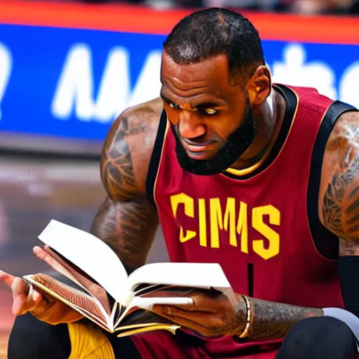 Image similar to professional close up shot photograph of lebron james reading a book while in an nba game, wearing nba jersey, standing, award - winning photograph, highly detailed, dramatic posing, 8 k quality, high quality