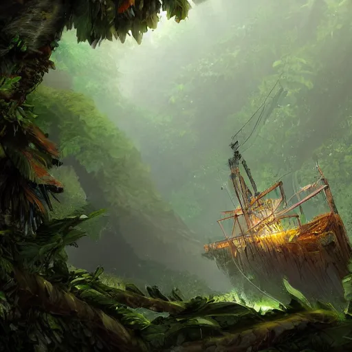 Image similar to Wrecked ship on jungle trees, 8k, detailed, concept art, trending on artstation