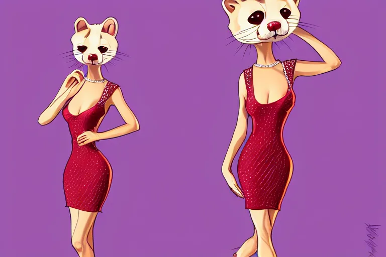 Prompt: detailed illustration : ferret character : wearing diamonds : wearing a sexy dress : wearing stiletto : head torso legs feet : behance artstation
