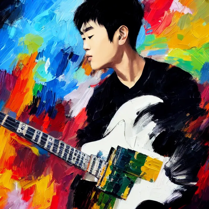 Prompt: large brush abstract! painting candid view of a young korean male musician wearing stylish black v neck t shirt holding a telecaster!!! electric guitar!!, thick flowing dramatic brush strokes, dark matte colors, abstract, impressionist, motion, trending on artstation